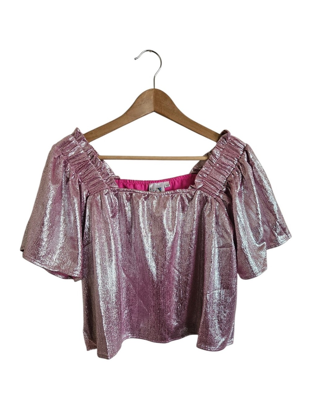Queen Of Sparkles Pink/ Silver Pebble Metallic Flutter Top Size M NEW